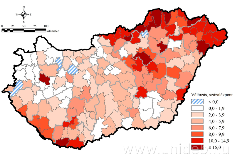 A roma lakosság arányának változása a hazai járásokban a CIKOBI (1984-87) és a DE (2010-13) felmérések adatai alapján számítva